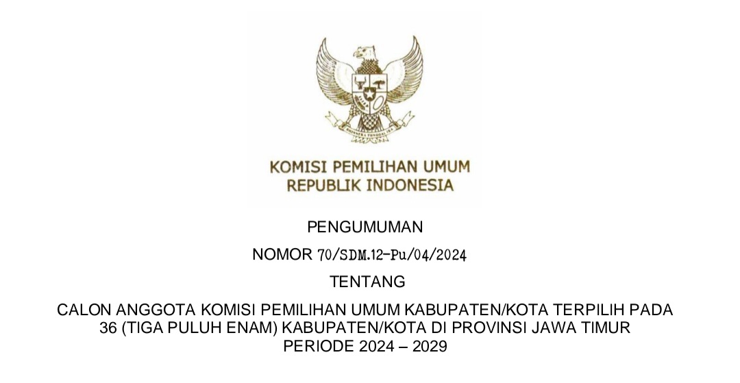 Pengumuman Seleksi KPU se Jawa Timur 2024-2029